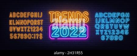 Tendances 2022 enseigne néon sur fond de mur de brique .Alphabet bleu et jaune fluo . Illustration de Vecteur