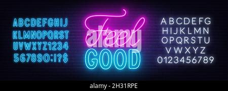 Sentez le bon lettrage au néon sur le fond du mur de briques.Panneau lumineux inspirant.Alphabet bleu néon et blanc. Illustration de Vecteur