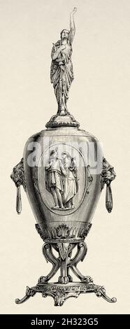 Amphora pour parfum, objet de toilette du XIXe siècle. Ancienne illustration gravée du XIXe siècle de la Ilustración Artística 1882 Banque D'Images