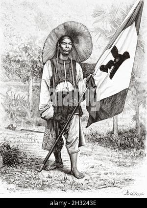 Soldat chinois régulier, Vietnam.Asie.Illustration gravée du XIXe Siècle Une campagne à Tonkin de Charles Edouard Hocquard du Tour du monde 1889 Banque D'Images
