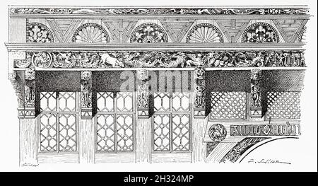 Frieze de la Buchers Guild Hall, Knochenhauer Amtshaus, dans l'ancienne rue historique du marché, Hildesheim, Basse-Saxe.Allemagne, Europe.Ancienne illustration gravée du XIXe siècle, voyage à Hildesheim par E del Monte 1888 à partir du Tour du monde 1889 Banque D'Images