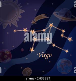 Constellation Doodle de la vierge symbole du zodiaque signes Illustration vectorielle de l'astrologie et de l'astronomie.Horoscopes étoiles brillantes dans cosmos Illustration de Vecteur