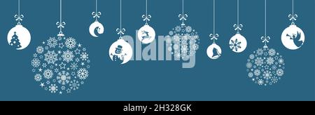 boules suspendues de couleur blanche avec différentes icônes abstraites pour les concepts de noël et d'hiver, boules de neige et de voeux pour noël an Illustration de Vecteur