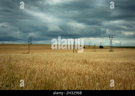 Pylônes électriques dans un champ aux nuages noirs de grain et de pluie Banque D'Images