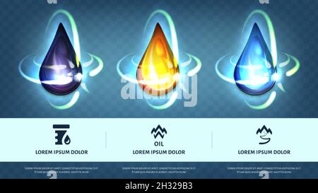 L'huile moteur et les gouttes d'eau bleue sont des illustrations vectorielles réalistes.Jeu de gouttes de pétrole ou de kérosène.Égouttement de la graisse de la machine ou essence brute.Éléments graphiques de concept abstrait. Illustration de Vecteur