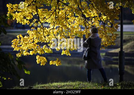 Varsovie.24 octobre 2021.Une femme prend des photos au Royal Baths Park à Varsovie, Pologne, 24 octobre 2021 crédit: STR/Xinhua/Alamy Live News Banque D'Images