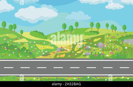 Route asphaltée droite à travers la campagne avec de beaux champs de fleurs. Illustration vectorielle Illustration de Vecteur