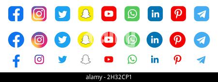 Facebook, twitter, instagram, youtube, snapchat,pinterest, whatsap, linkedin, periscope, vimeo - Collection du logo populaire des médias sociaux. Illustration de Vecteur