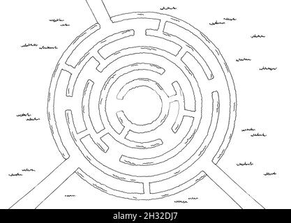 Jardin labyrinthe Bush graphique rond noir blanc esquisse haut vue aérienne illustration vecteur Illustration de Vecteur