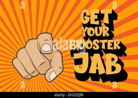 Procurez-vous votre illustration de bande dessinée Booster jab / EPS sur un arrière-plan ensoleillé Illustration de Vecteur