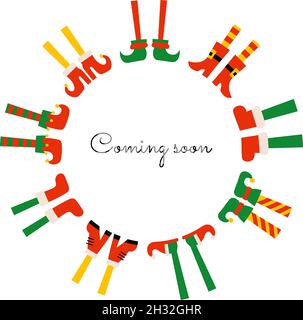 Couronne cadre de Noël avec pieds et jambes d'orf.Modèle de carte de vœux des fêtes d'hiver à venir.Chaussures et bottes de dessin animé drôles pour les pieds elfes Illustration de Vecteur