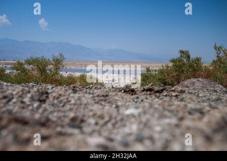 Vue au niveau du sol du bassin de Badwater (point le plus bas en Amérique du Nord) dans la vallée de la mort à proximité avec des montagnes à distance le jour ensoleillé sous le ciel bleu Banque D'Images