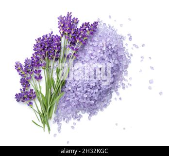 Fleurs de lavande et sel isolés sur fond blanc.Vue de dessus Banque D'Images