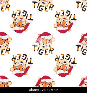 Motif sans coutures avec joli tigre, symbole du nouvel an en chapeau rouge de Noël.Imprimé pour les fêtes avec inscriptions à rayures orange Illustration de Vecteur