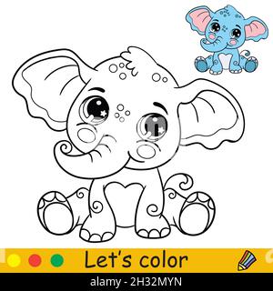 Mignon et heureux bébé éléphant assis.Page de livre de coloriage avec modèle coloré pour les enfants.Illustration vectorielle isolée.Pour l'impression, le jeu, l'éducation Illustration de Vecteur