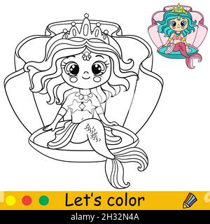 Mignonne petite sirène dans la mer.Page de coloriage et modèle coloré pour l'éducation des enfants d'âge préscolaire et scolaire.Illustration vectorielle.Pour de Illustration de Vecteur