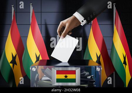Drapeaux du Ghana, déposer la carte de vote dans une boîte - vote, concept d'élection - illustration 3D Banque D'Images