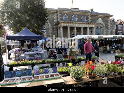 Les gens magasinent à Salisbury Market UK; (Salisbury Charter Market), Plant stall dans la place de marché en face du Guildhall, Salisbury Wiltshire UK Banque D'Images