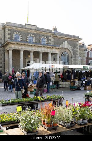 Les gens magasinent à Salisbury Market UK; (Salisbury Charter Market), Plant stall dans la place de marché en face du Guildhall, Salisbury Wiltshire UK Banque D'Images