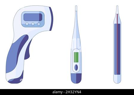 Thermomètre infrarouge, électrique et au mercure, contrôle de la température corporelle dans un style plat isolé sur fond blanc Illustration de Vecteur