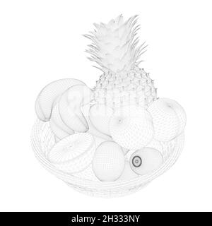 Image filaire du panier de fruits provenant de lignes noires isolées sur fond blanc.Bananes, pommes, ananas dans un panier.3D.Illustration vectorielle Illustration de Vecteur