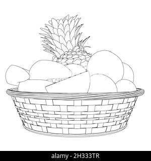 Contour du panier de fruits à partir de lignes noires isolées sur fond blanc.Bananes, pommes, ananas dans un panier.Illustration vectorielle Illustration de Vecteur