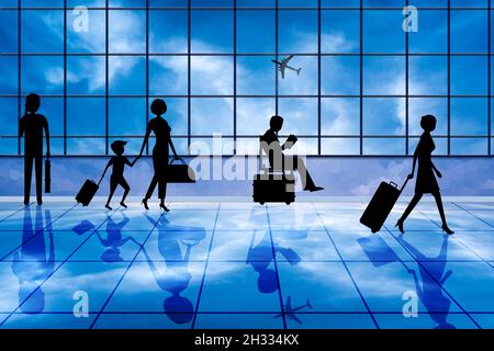 Personnes Silhouette Marche dans le hall de l'aéroport avec fenêtres en verre vue. Avion volant dans le ciel bleu.Concept de diversité des passagers et des voyageurs. Banque D'Images