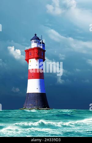 Der Leuchtturm Roter Sand vor einem Gewitter, Himmel, dunkler Himmel, Wesermündung, Aussenweser,Außenweser, Leuchtfeuer, Turm, Historischer Leuchttur Banque D'Images