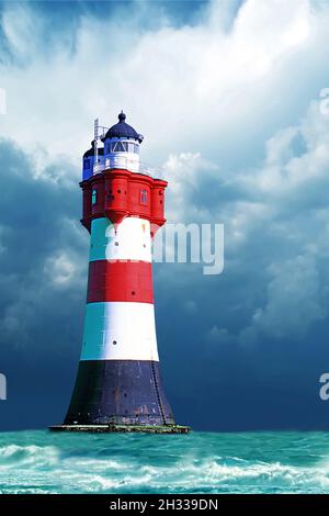 Der Leuchtturm Roter Sand vor einem Gewitter, Himmel, dunkler Himmel, Wesermündung, Aussenweser,Außenweser, Leuchtfeuer, Turm, Historischer Leuchttur Banque D'Images