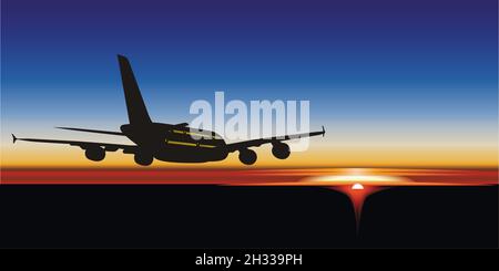 Illustration avion passager A380 Airbus au lever du soleil.Format vectoriel EPS-8 disponible, séparé par des groupes et des calques, pour un montage facile Illustration de Vecteur