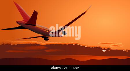 Boeing-787 atterrissage au coucher du soleil.Format vectoriel EPS-8 disponible, séparé par des groupes et des calques, pour un montage facile Illustration de Vecteur