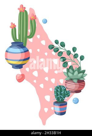 Arrière-plan avec des cactus et des succents. Cactus et plantes à fleurs pictueuses décoratives dans des pots de fleurs. Illustration de Vecteur