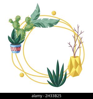 Cadre avec cactus et succents. Cactus et plantes à fleurs pictueuses décoratives dans des pots de fleurs. Illustration de Vecteur