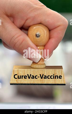Stempel, Holzstempel, Aufschrift: CureVac, Immfstoffhersteller, Pharmaunternehmen, Covid-19 Impfstoff, Forschung, mRNA-Impfstoff, mRNA, Caccine, Vakz Banque D'Images