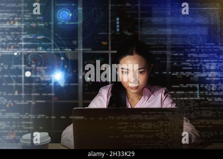 Femme d'affaires asiatique travaillant dur tard avec numérique virtuel et futuriste par son ordinateur dans le bureau la nuit, travaillant dur avec la technologie pour le succès Banque D'Images