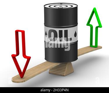 Changement des prix du pétrole.Un baril noir et blanc avec le mot HUILE et des flèches sur la balance.Les échelles en position d'équilibre.illustration 3d Banque D'Images