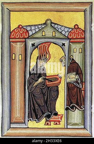 HILDEGARD DE BINGEN (c 1098-1179) abbesse bénédictine allemande, compositeur, médecin.Illustration de ses Scivias de 1151 décrivant ses visions.Voici lui montrant recevoir une vision et les dicter à son professeur Volmar Banque D'Images