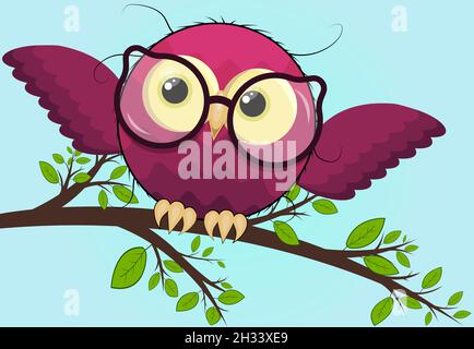 Un joli hibou rose avec des lunettes est placé sur une branche Illustration de Vecteur