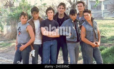 THE OUTSIDERS 1983 Warner Bros film.De gauche à droite : Emilio Estevez (deux bits), Rob Lowe (Sodapop), C. Thomas Howell (Ponyboy), Matt Dillon (Dallas), Ralph Macchio (Johnny), Patrick Swayze (Darrel), Tom Cruise (Steve) Banque D'Images