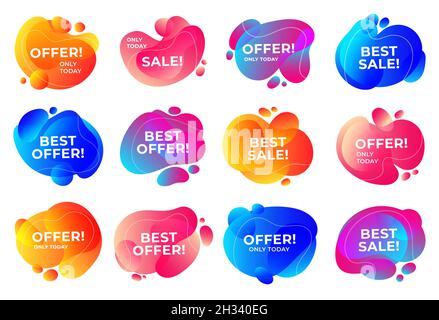 Meilleure offre de vente en formes liquides, modèle de bannière ensemble illustration vectorielle.Résumé avec formes fluides, collection d'icônes de coupons de réduction pour les achats en ligne, badges de promotion blob isolés sur blanc Illustration de Vecteur