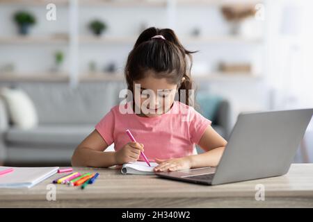 Adorable petite fille dessin dans le Bloc-notes pendant l'étude en ligne avec ordinateur portable à la maison, mignonne enfant assis à la table avec ordinateur et faisant le travail à domicile, E Banque D'Images
