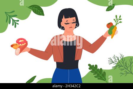 Femme choisissant entre sain et malsain vecteur alimentaire illustration.Caricature adulte personnage femelle tenant des légumes et de la fastfood dans les mains, fille pensant à l'alimentation.Choix pour le concept de santé du corps Illustration de Vecteur