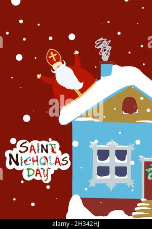 Carte postale mignonne pour Saint Nicholas Sinterklaas - carte de voeux ou bannière.Illustration vectorielle du jour de Saint-Nicolas. Illustration de Vecteur