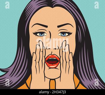 Illustration vectorielle d'une belle femme qui appelle quelqu'un (criant à haute voix) dans un style pop art Illustration de Vecteur