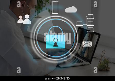 Concept de cybersécurité numérique et de protection réseau. Mécanisme de verrouillage virtuel pour accéder aux ressources partagées. Écran de contrôle virtuel interactif avec Banque D'Images