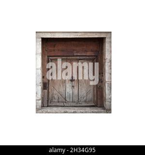 Ancienne barrière en bois abîmé isolée sur fond blanc Banque D'Images