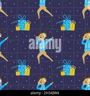 Motif de Noël vectoriel sans couture avec adorable cerf dansant dans un chandail et cadeaux du nouvel an sur fond bleu. Illustration de Vecteur