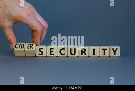 Symbole de cyber-sécurité ou de sécurité.L'homme d'affaires tourne des cubes en bois, transforme la sécurité des mots en cyber-sécurité.Magnifique fond gris.Cyber-sécurité Banque D'Images