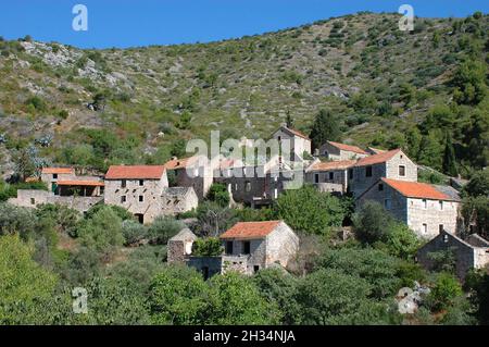 Village abandonné, Malo Grablje sur l'île de Hvar, Croatie Banque D'Images