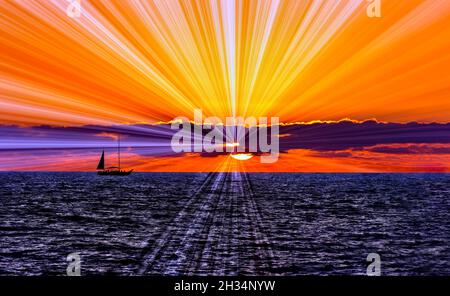 Un voilier navigue le long de l'océan avec des rayons du soleil éclatant des nuages contre Un ciel coloré de soleil Ray Sunset Banque D'Images